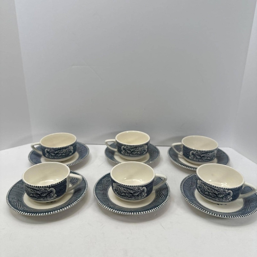 Royal China Currier & Ives 6 Blue & White Tea or Coffee Cups & Saucers Set  Vtg